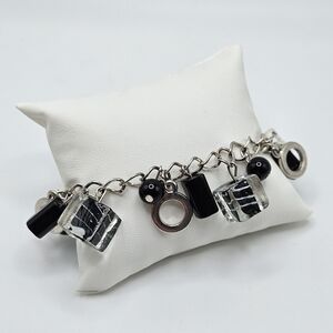 VINTAGE Silver Tone Black Glass Bead Charm Bracelet
